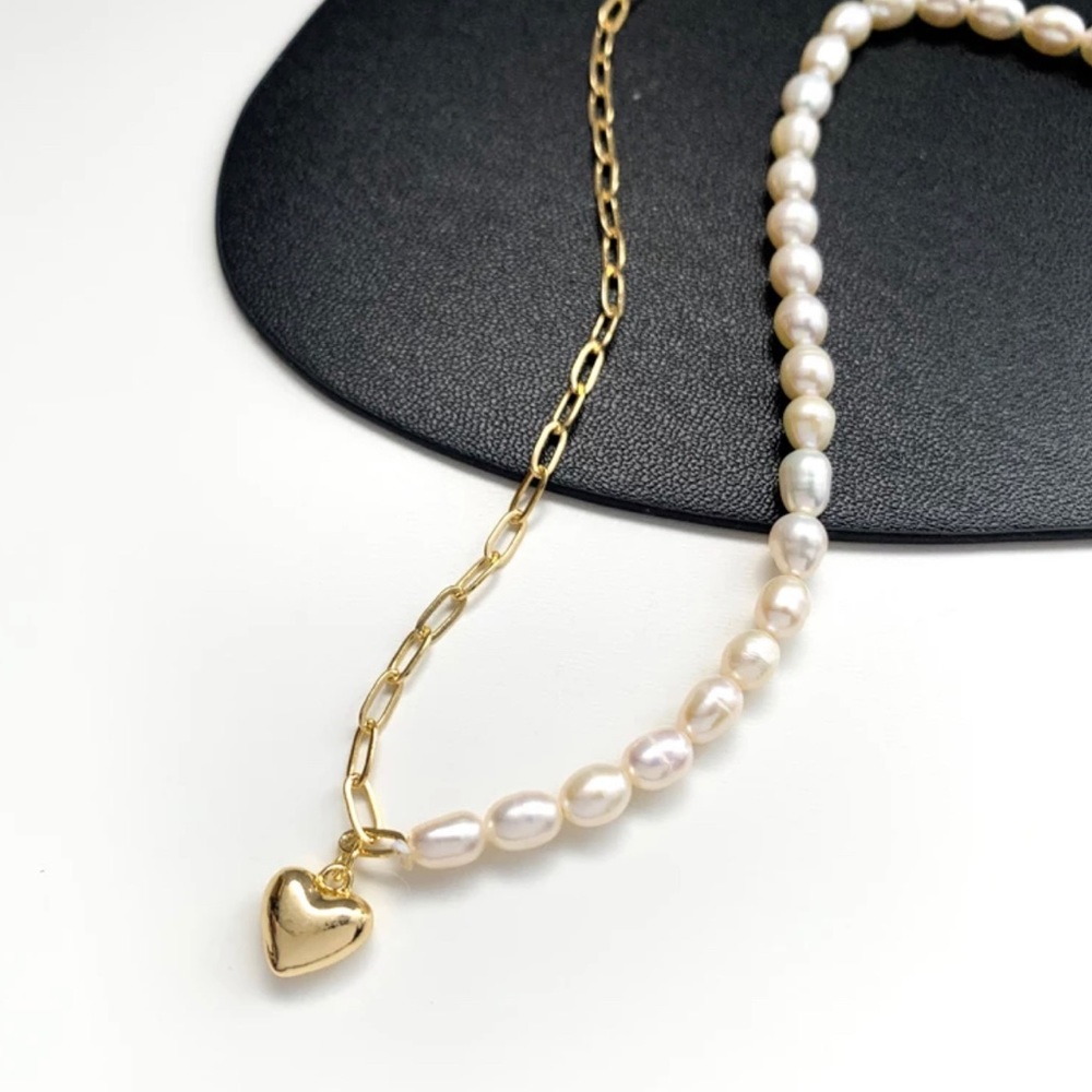 NEW 18K Gold Plated Real Baroque Pearl Chain Link Heart Pendant Choker Necklace - Picture 10 of 11